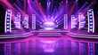 © Katerina Bond - A TV game show set with big spotlights shining down on the stage. Empty stage in purple colors, copy space.