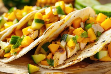 Wall Mural - Three tacos with chicken and mango salsa on top. The tacos are on a wooden table