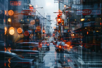 Canvas Print - cars driving down a city street at night with traffic on the right