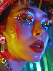 Wall Mural - A woman with colorful makeup on her face. The makeup is bright and colorful, and the woman's face is illuminated by a light. Scene is fun and playful