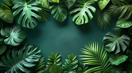 Wall Mural - Lush green tropical leaves surrounding a dark green space, ideal for copy space