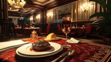 A fancy restaurant with a table set for two. A glass of wine is on the table, and a plate of food is in front of it. The atmosphere is elegant and sophisticated