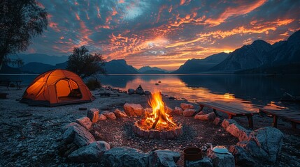 Wall Mural - Golden hour casts a breathtaking scene with a campfire and tent next to a tranquil mountain lake