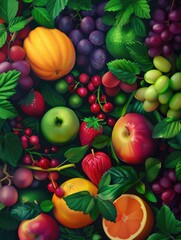 Canvas Print - A colorful fruit salad with apples, oranges, and strawberries. Concept of freshness and abundance, as the various fruits are displayed in a vibrant and lively manner