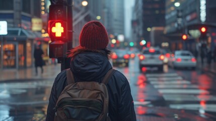 Poster - A pedestrian waiting at a crosswalk with the pedestrian signal showing red, with shops and traffic in the background.