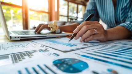 Poster - A person analyzing a financial report on a laptop, with graphs and data sheets spread out on the table.