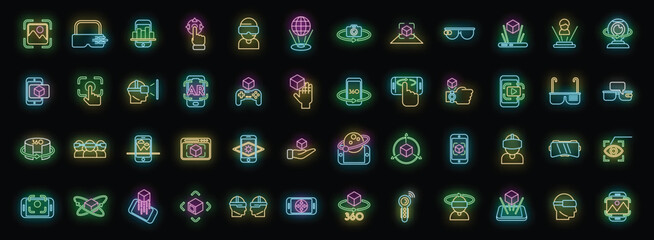 Augmented reality icons set outline vector. Virtual reality. Cube 360 neon color on black