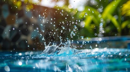 Aufkleber - A refreshing splash of water droplets falling into a crystal-clear pool, creating a serene and tranquil scene.