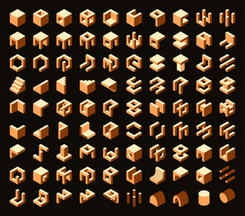 Wall Mural - Mega isometric shapes collection. Abstract block set. Architectural vector elements. Geometric icons.