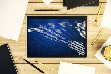 Wall Mural - modern digital tablet display with graphic america map, global technology concept. top view. 3d rend