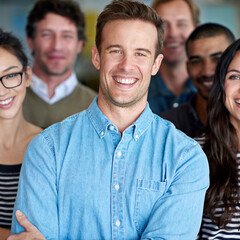 Poster - Smile, meeting and portrait of businessman with team in office for unity, collaboration or support. Confident, happy and male creative designer with group for discussion with pride in workplace.