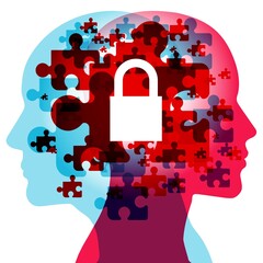 Wall Mural - Two interwoven human profiles filled with vibrant jigsaw puzzle pieces, symbolizing complex thought processes and interconnected minds under a secure lock, showcasing creativity and cognitive security