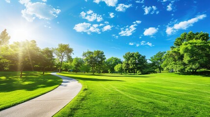 Wall Mural - a scenic park, verdant green grass and towering trees frame a clear blue sky, while an asphalt road stretches into the distance, presenting a tranquil nature landscape perfect.