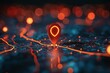 © JK_kyoto - A 3D red map pin marker on a digital map with blurred glowing dots and lines