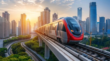 Poster - A sleek high-speed train gliding along elevated tracks against a modern city skyline, showcasing efficient urban transportation.
