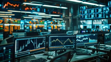 Wall Mural - Multiple monitors in a modern trading room display financial graphs and data, reflecting a stock market environment with active trading activities during nighttime.