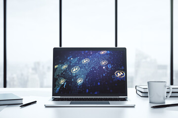 Wall Mural - Modern computer monitor with social network icons concept with world map. Marketing and promotion concept. 3D Rendering