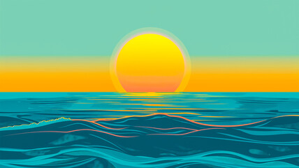 Seascape illustration with sun over the sea. Summer art with warm colors
