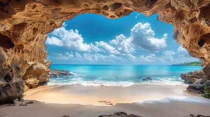  tropical beach with a dreamy grotto and a little creek with turquoise water, august sky