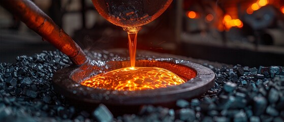 Molten metal being poured in a foundry, glowing with heat, capturing the raw and intense process of metal casting in an industrial setting.