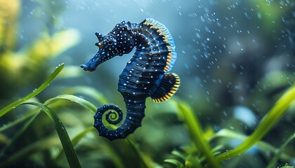 Wall Mural - A blue and yellow seahorse swims amongst green seaweed.