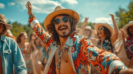 Hombre con un atuendo extraño bailando alegremente en una fiesta campestre, mientras todos bailan felices.






