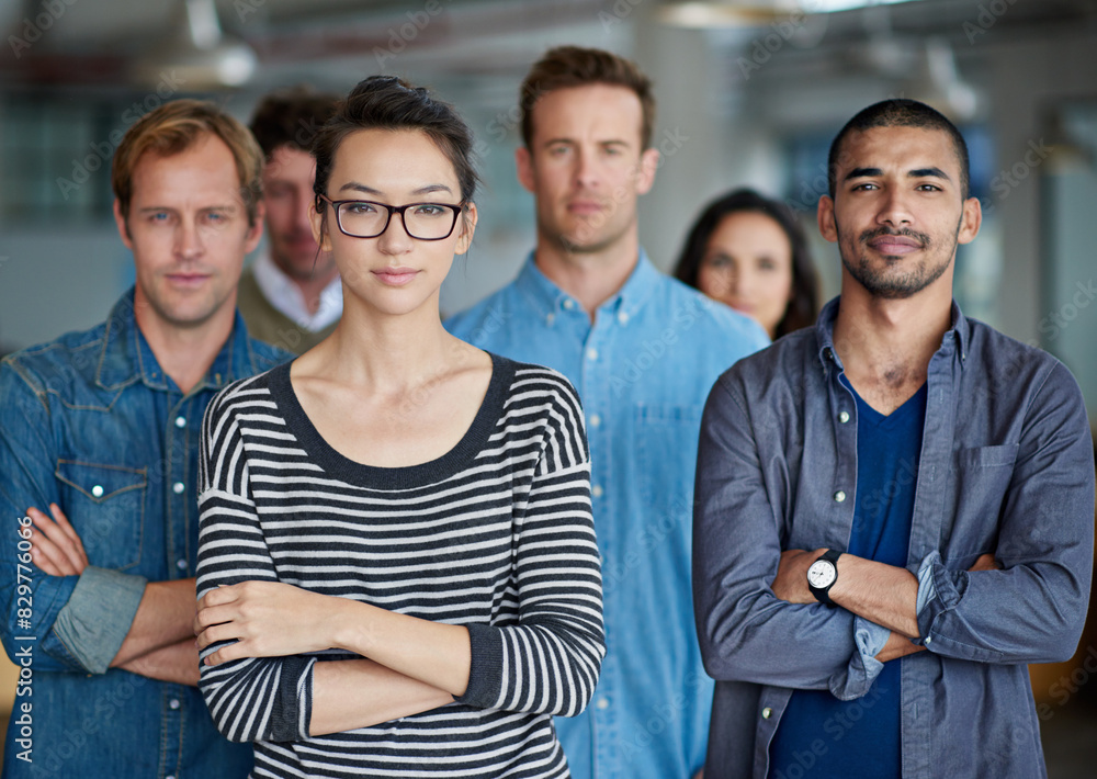 Office, team building and portrait of business people with arms crossed for unity, trust and partnership. Internship, support and employees with smile at agency for leadership, solidarity and pride