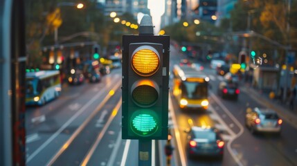 Canvas Print - A traffic light at a major city intersection, with buses, cars, and a tram in the background, showing a green light.