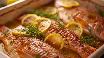 Wall Mural - A sumptuous dish of baked red tilapia, garnished with lemon slices and fresh dill, emerges from the oven. Its aroma fills the kitchen, inviting everyone to the dinner table.