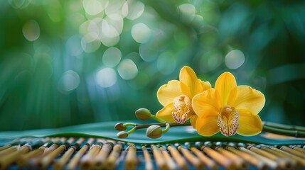 Wall Mural - Yellow orchid and bamboo grove on a mat representing wellness and beauty