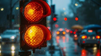 Fototapete - A traffic light on a rainy day, with droplets on the lens and a blurred background of cars and umbrellas.