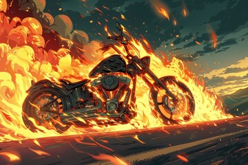 Dramatic illustration of a motorcycle surrounded by flames on a road at sunset, symbolizing speed and intensity.