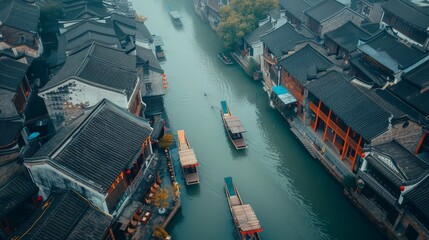 Poster - An aerial view captures the charm of Chinese ancient architecture with wooden houses lining the riverbank. Boats are parked beside the houses