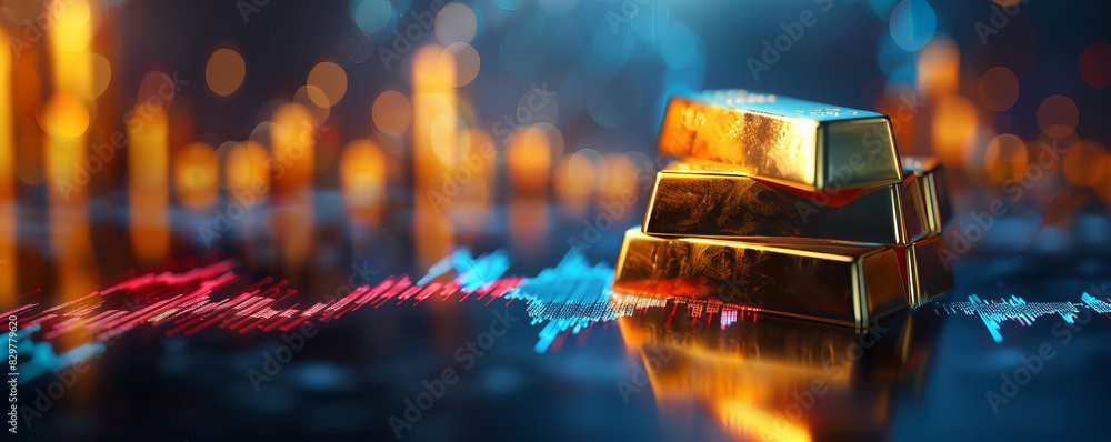 Gold bars stacked on a digital stock market chart background ...