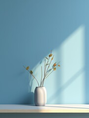 Wall Mural - A white vase with a few leaves in it sits on a table in front of a blue wall. The vase is the main focus of the image, and the leaves inside it are arranged in a way that creates a sense of balance