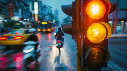 Poster - A traffic light showing yellow, with blurred motion of cars and motorbikes as they prepare to stop.