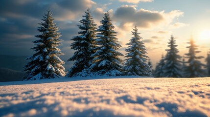 Sticker - Three pine trees are standing in a snow-covered field. The sky is cloudy and the sun is setting, casting a warm glow over the scene. Concept of tranquility and peacefulness, as the trees stand tall