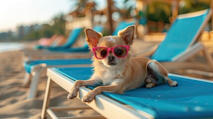 Poster - The Glamorous Pooch: Small Dog in Pink Sunglasses Relaxing on Beach Chair