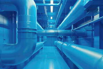 Industrial interior with large blue pipes in a modern facility. Engineering and infrastructure concept.