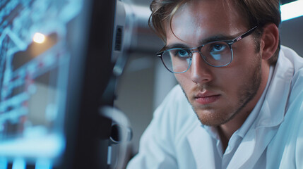 Wall Mural - scientist working on computer in lab. close up of a young scientist working late on a computer in a 
