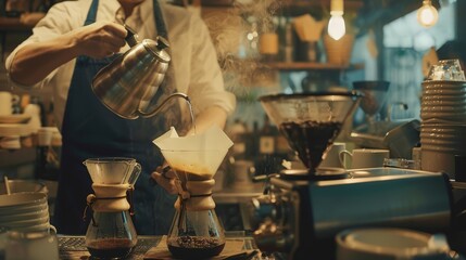 Poster - As the aroma of freshly ground coffee fills the air, the barista expertly pours hot water from the kettle onto the coffee grounds, beginning the meticulous process of drip brewing.