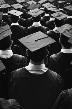 A group of graduates are standing in a line, all wearing caps and gowns. Concept of accomplishment and pride, as the graduates have completed their studies