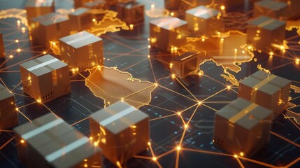 Visual representation of global shipping and logistics network with cardboard boxes connected by glowing lines on a world map Closeup shot focusing on the boxes and the network lin