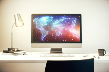 Wall Mural - modern computer monitor with abstract digital world map, research and strategy concept. 3d rendering