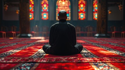 Ai Generative Watercolor Islamic background of a muslim man pray in mosque  