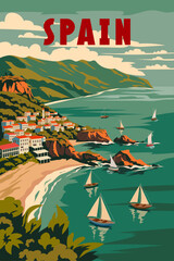 Wall Mural - Spain travel poster, tropical resort bay view