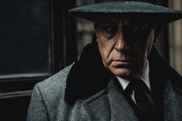 Sticker - Generative AI image of man in coat in city detective and mafia