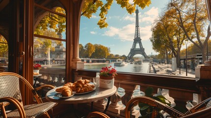 A charming Parisian café with fresh croissants and a view of the Eiffel Tower