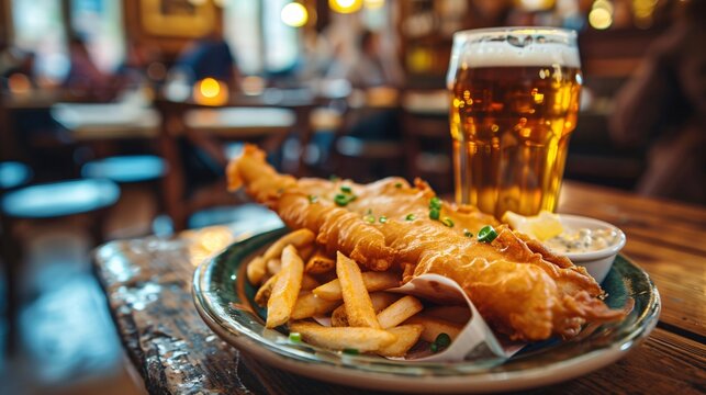 A traditional British pub with a plate of fish and chips and a pint of beer