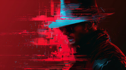 Wall Mural - Digital illustration of hacker with hat and sunglasses in abstract style